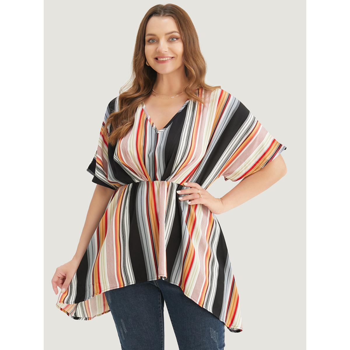 Plus Size Multicolor Striped Contrast Dolman Sleeve Asymmetrical Hem Blouse Women Vacation Short sleeve V-neck Dailywear Blouses BloomChic 28/5X Product Image