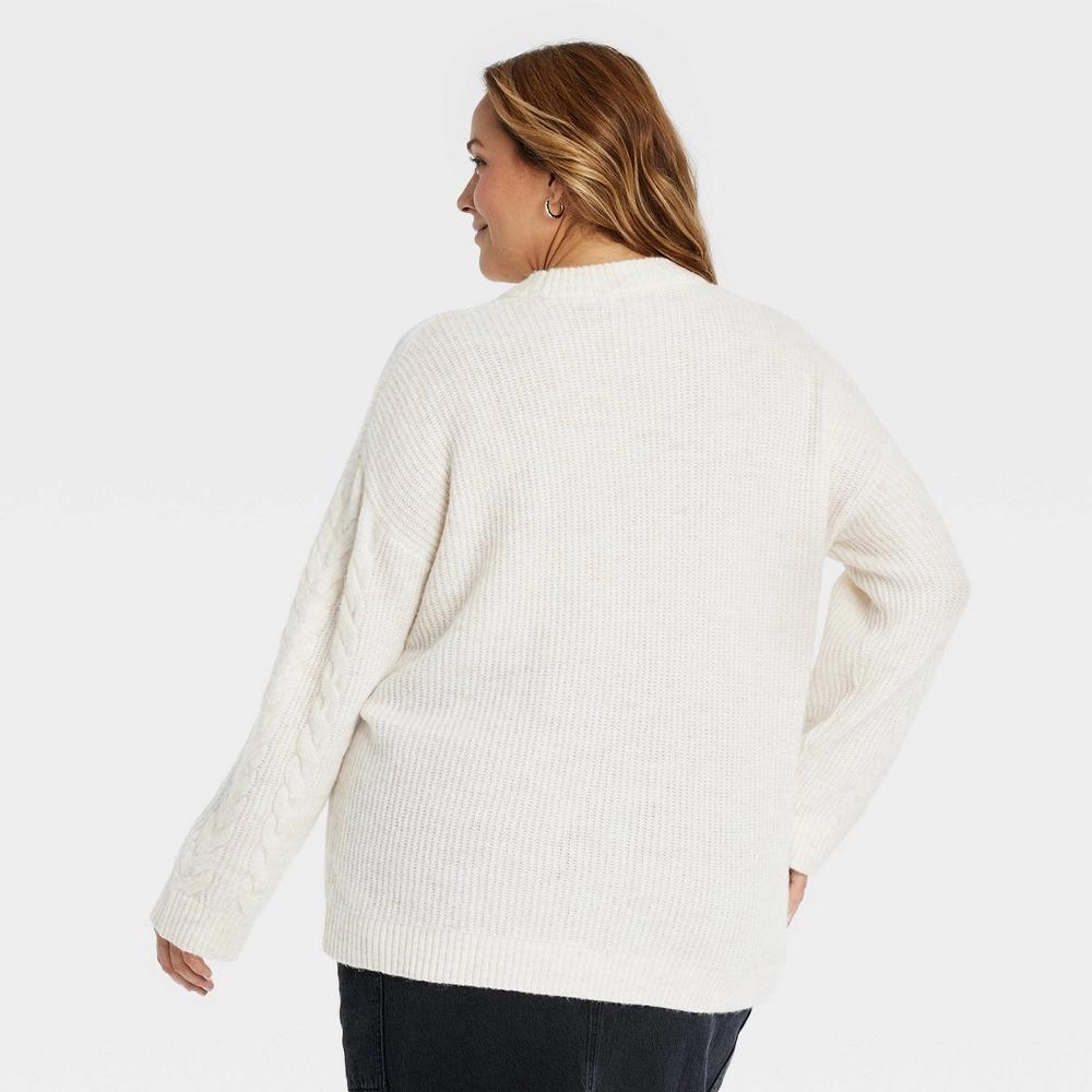 Womens Cable Knit Crewneck Pullover Sweater - Ava & Viv Ivory 3X Product Image