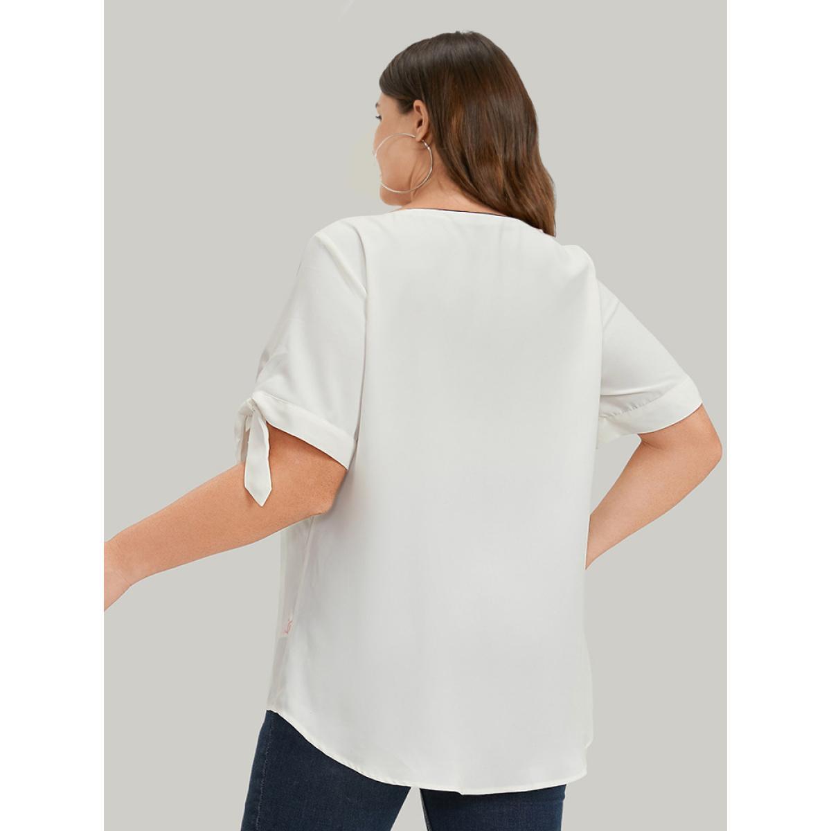 Plus Size Ivory Contrast Trim Knot High Low Hem Blouse Women Office Short sleeve V-neck Work Blouses BloomChic 22-24/3X Product Image