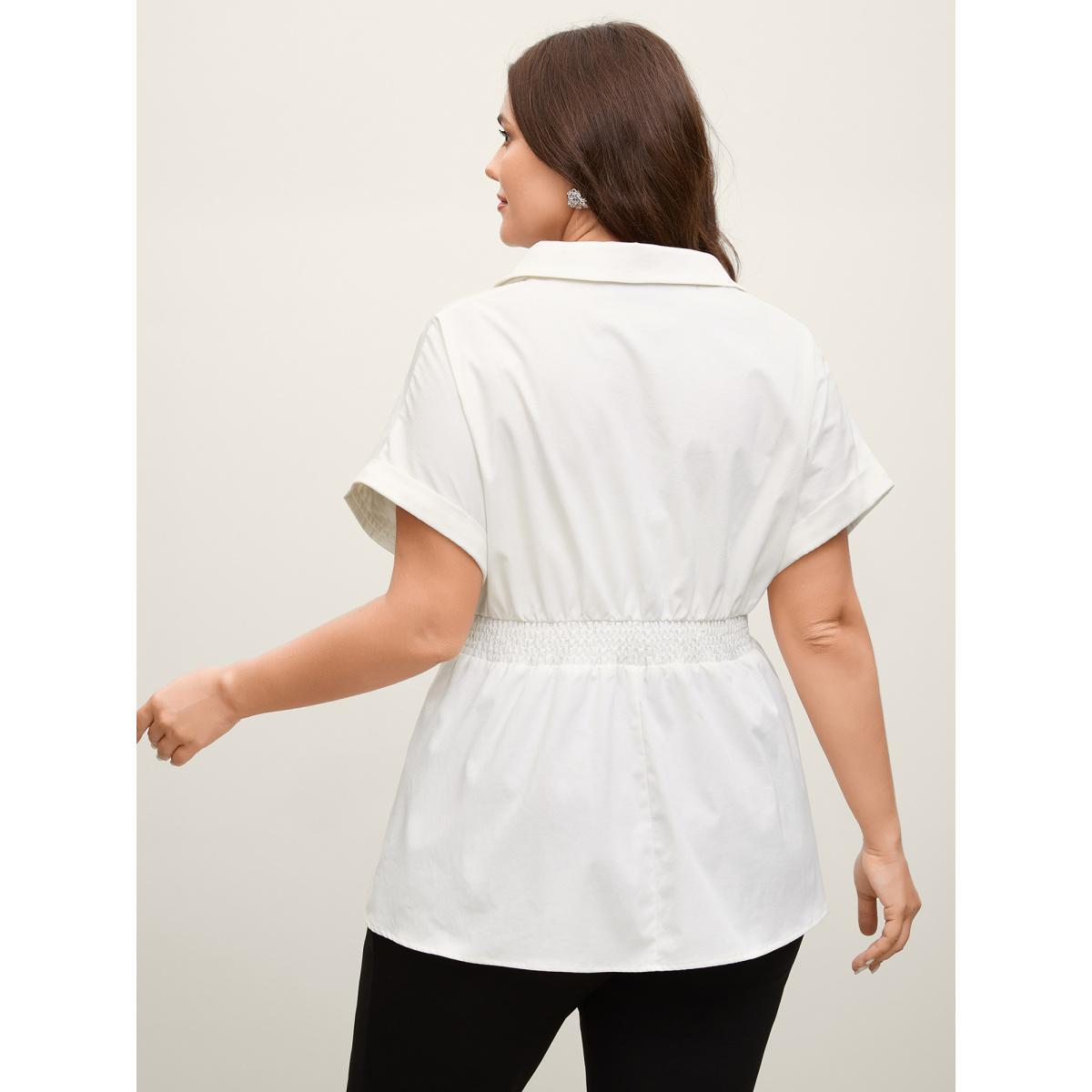 Plus Size Originalwhite Double Belt Waist-Cinched Shirred Blouse Women Short sleeve Shirt collar Work Blouses BloomChic 12/L Product Image