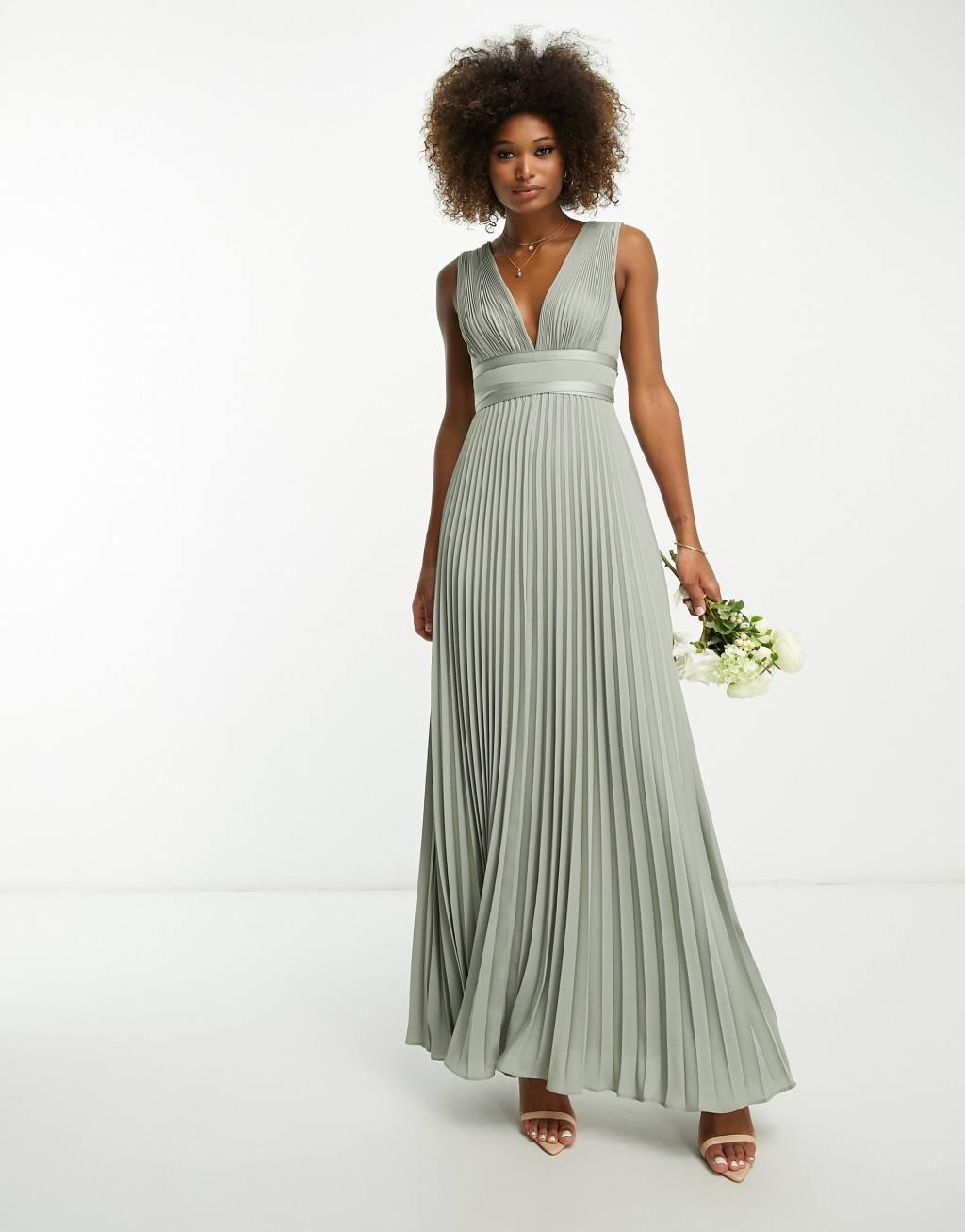 ASOS DESIGN Bridesmaid pleated cami maxi dress with satin wrap waist Product Image