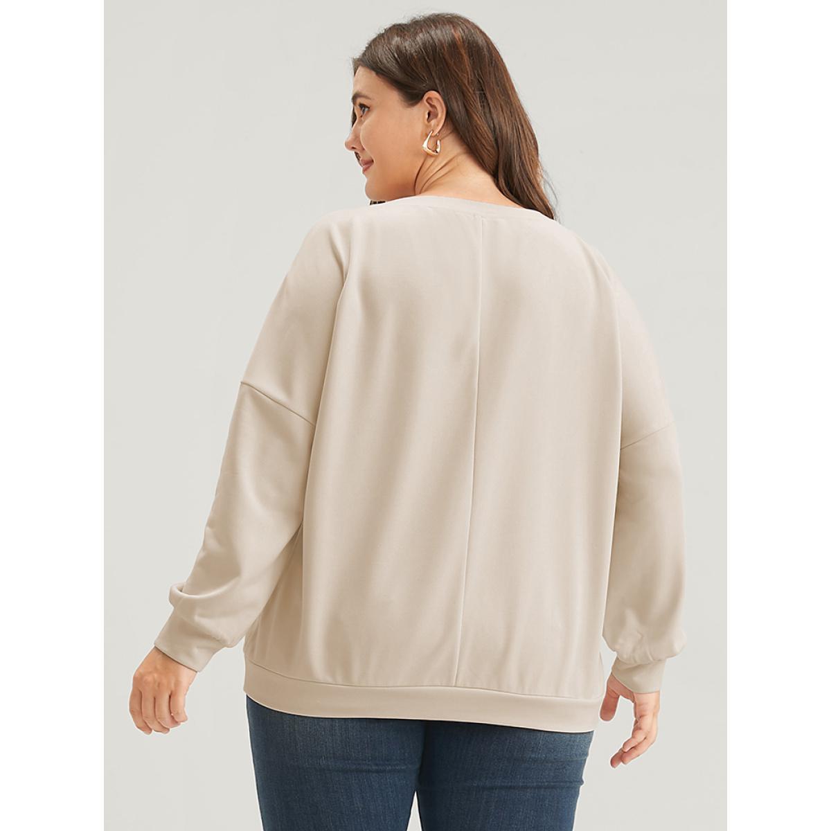 Plus Size Solid Letter Embroidered Drop Shoulder Sweatshirt Women Beige Casual Embroidered Loose Round Neck Dailywear Sweatshirts BloomChic 26/4X Product Image