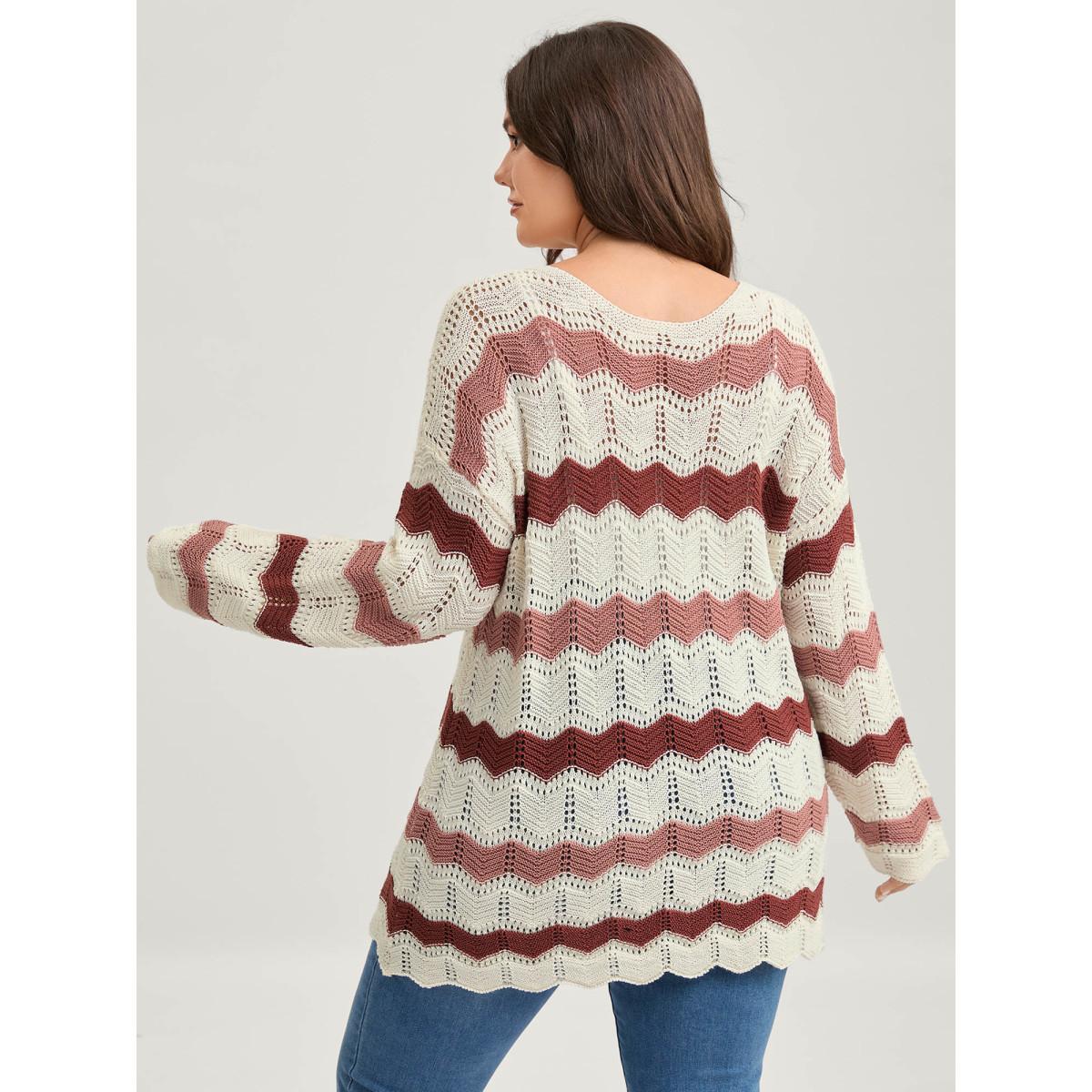 Plus Size Wavy Textured Stripes Cut-Out Lightweight Pullover Apricot Women Loose Long Sleeve Round Neck Everyday-Casual Pullovers BloomChic 30/6X Product Image