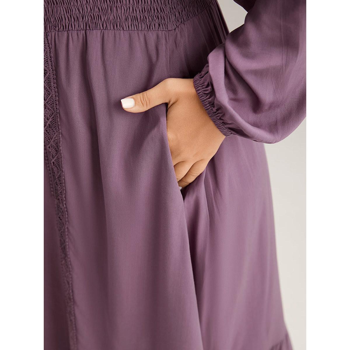 Plus Size Solid Eyelet Lace Shirred Wrap Flutter Hem Dress Mauve Women Elegant Elastic cuffs V-neck Long Sleeve Curvy Midi Dress BloomChic 30/6X Product Image