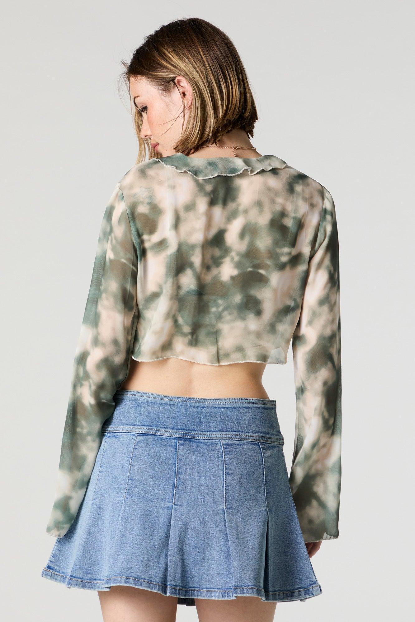 Mesh Ruffle Tie Front Long Sleeve Crop Top Female Product Image