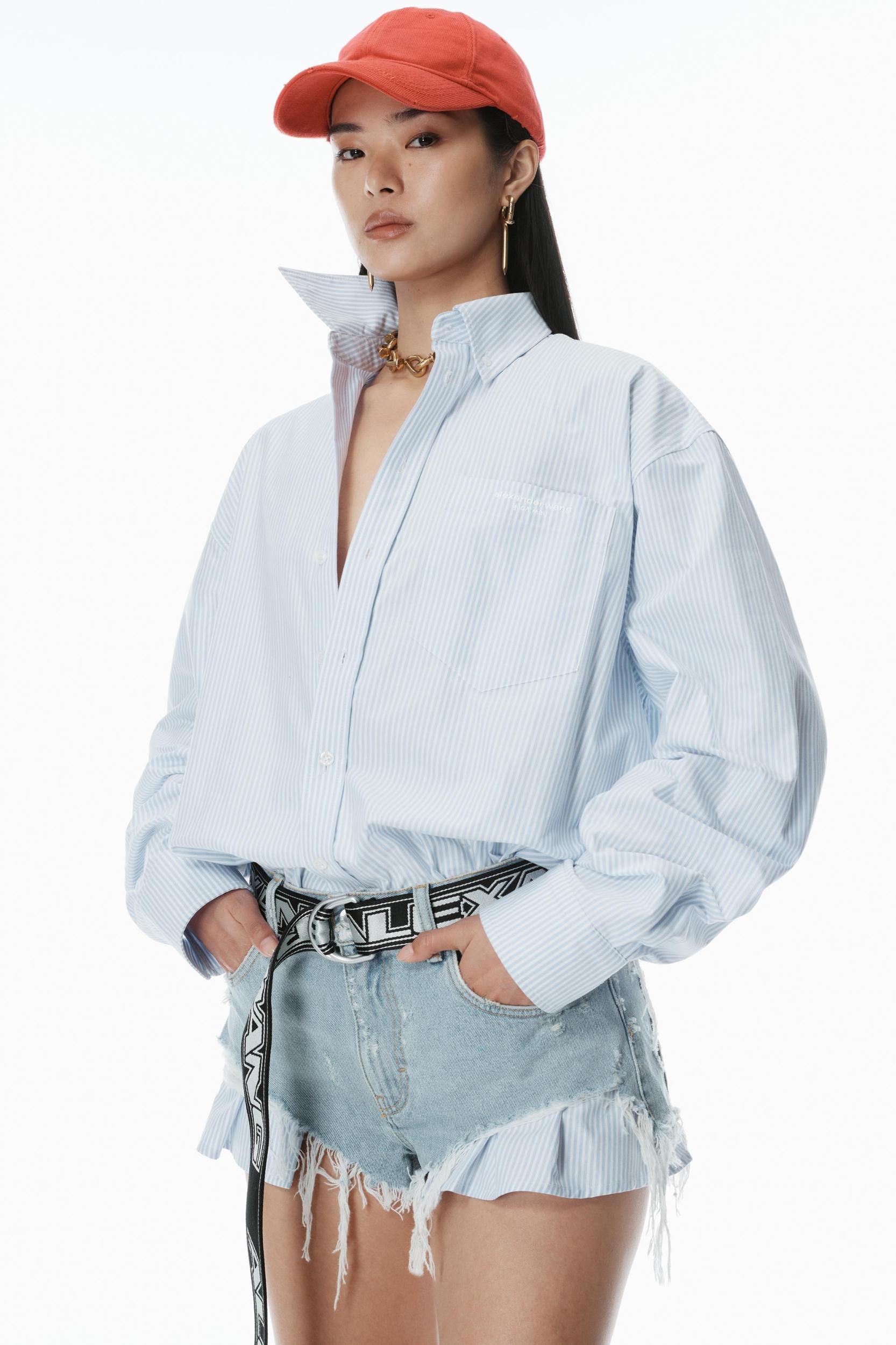 Pre-styled Shirt & Denim Short Romper Product Image