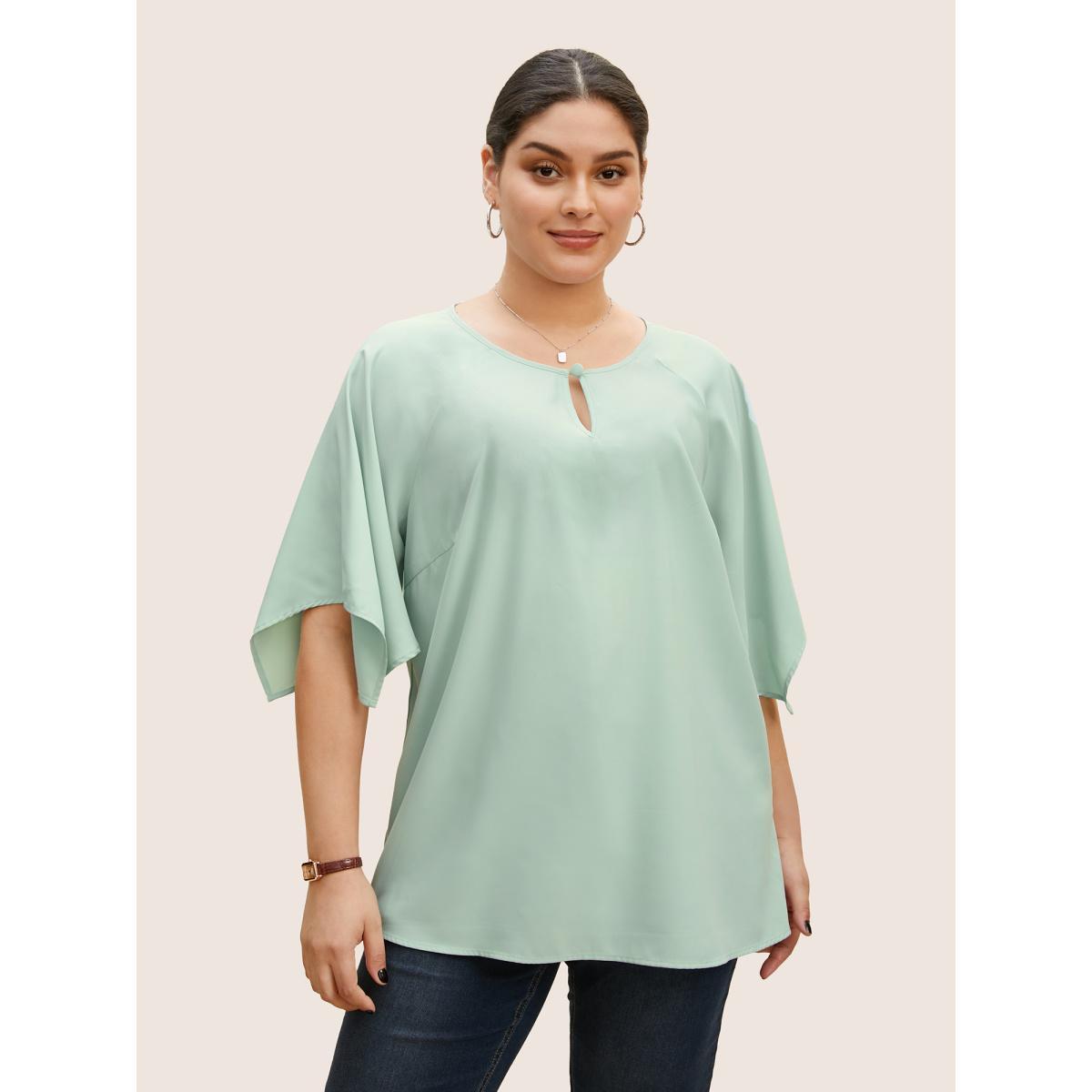 Plus Size Mint Solid Raglan Sleeve Keyhole Button Up Blouse Women Work From Home Elbow-length sleeve Notched collar Work Blouses BloomChic 26/4X Product Image