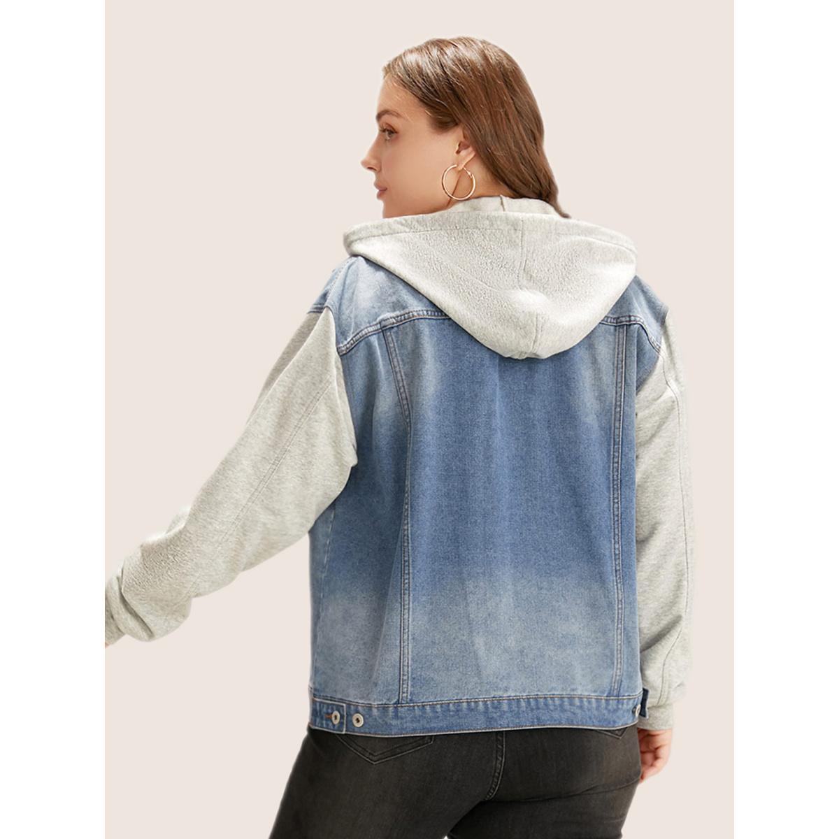 Women Hooded Patchwork Flap Pocket Denim Jacket Stone Plus Size Plain Contrast Everyday Slanted pocket Casual Denim Jackets BloomChic 26/4X Product Image