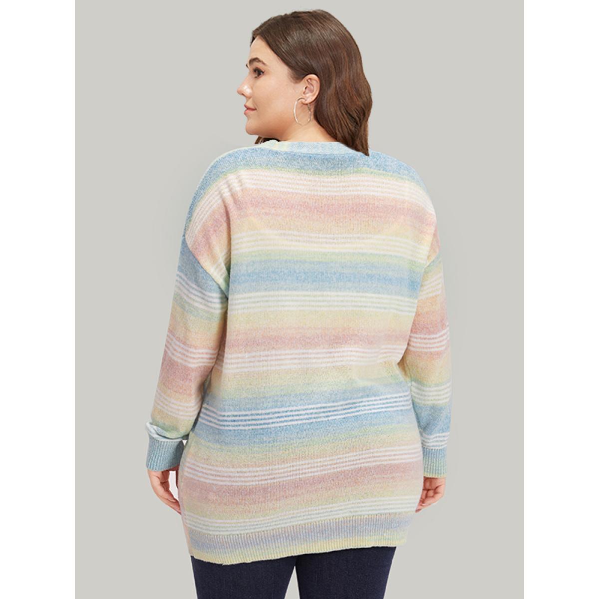 Plus Size Rainbow Ombre Elastic Cuffs Button Up Cardigan Multicolor Women Casual Loose Long Sleeve Everyday Cardigans BloomChic 12/L Product Image