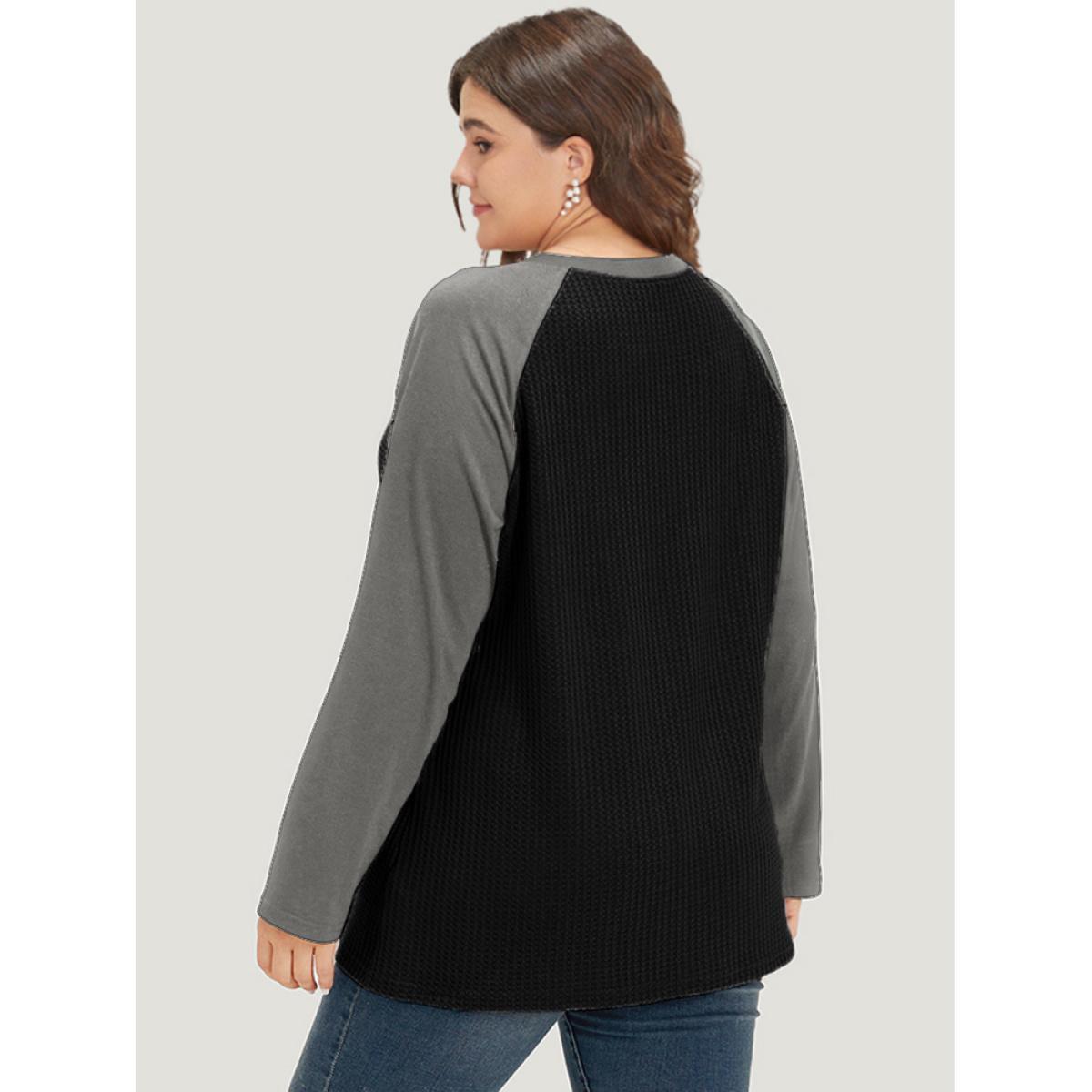 Plus Size Waffle Knit Raglan Sleeve Metal Buckle Detail T-shirt Burgundy Women Casual Contrast Plain V-neck Everyday T-shirts BloomChic 14-16/1X Product Image