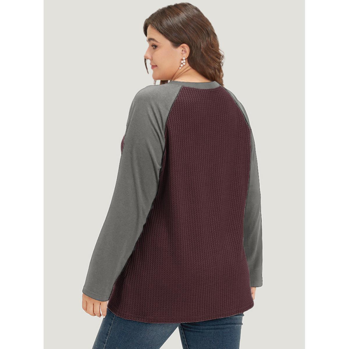 Plus Size Waffle Knit Raglan Sleeve Metal Buckle Detail T-shirt Burgundy Women Casual Contrast Plain V-neck Everyday T-shirts BloomChic 14-16/1X Product Image