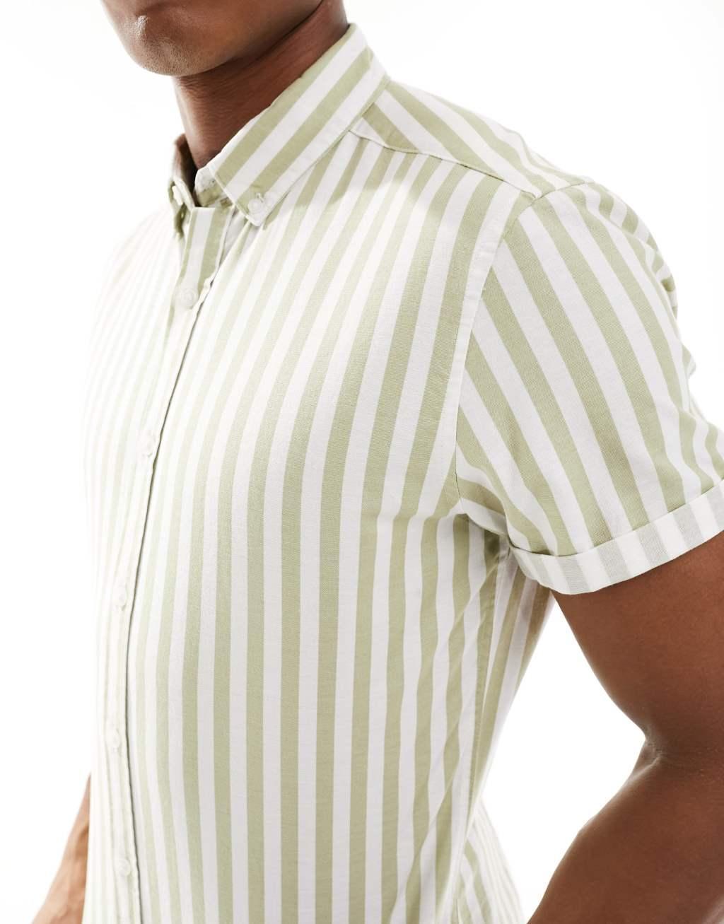 ASOS DESIGN stretch slim oxford stripe shirt in green  Product Image