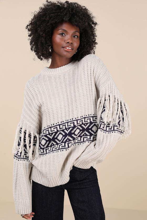 Modern Coziness Light Grey Fair Isle Fringe Oversized Sweater Product Image