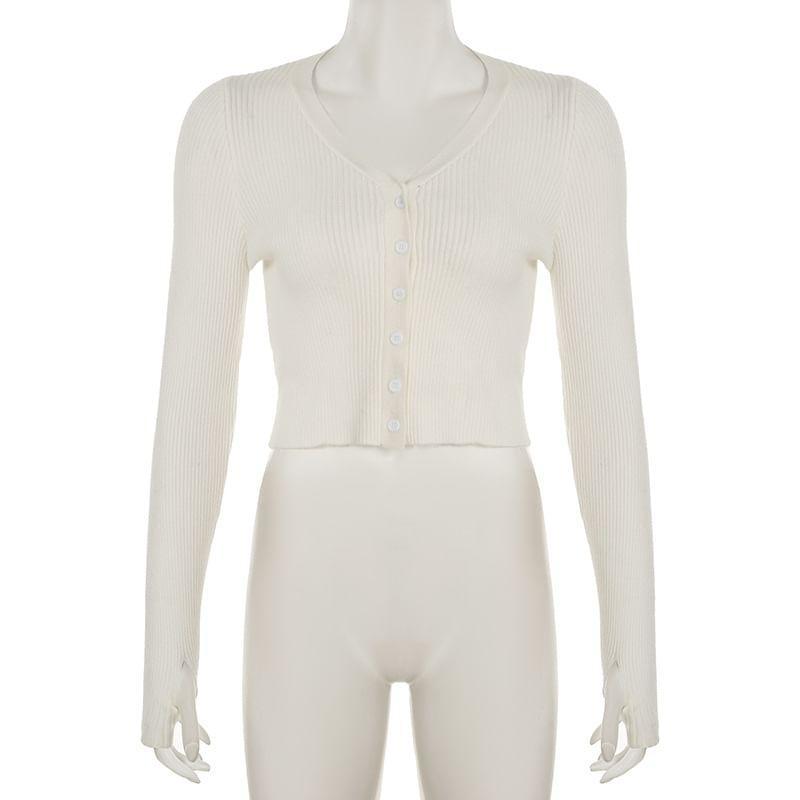 Long-Sleeve V-Neck Plain Ribbed Button Crop Knit Top Product Image