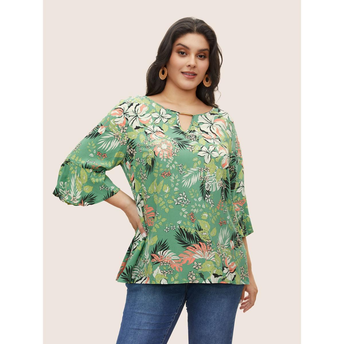Plus Size Mint Tropical Print Keyhole Flutter Sleeve Blouse Women Resort Elbow-length sleeve Round Neck Vacation Blouses BloomChic 10/M Product Image