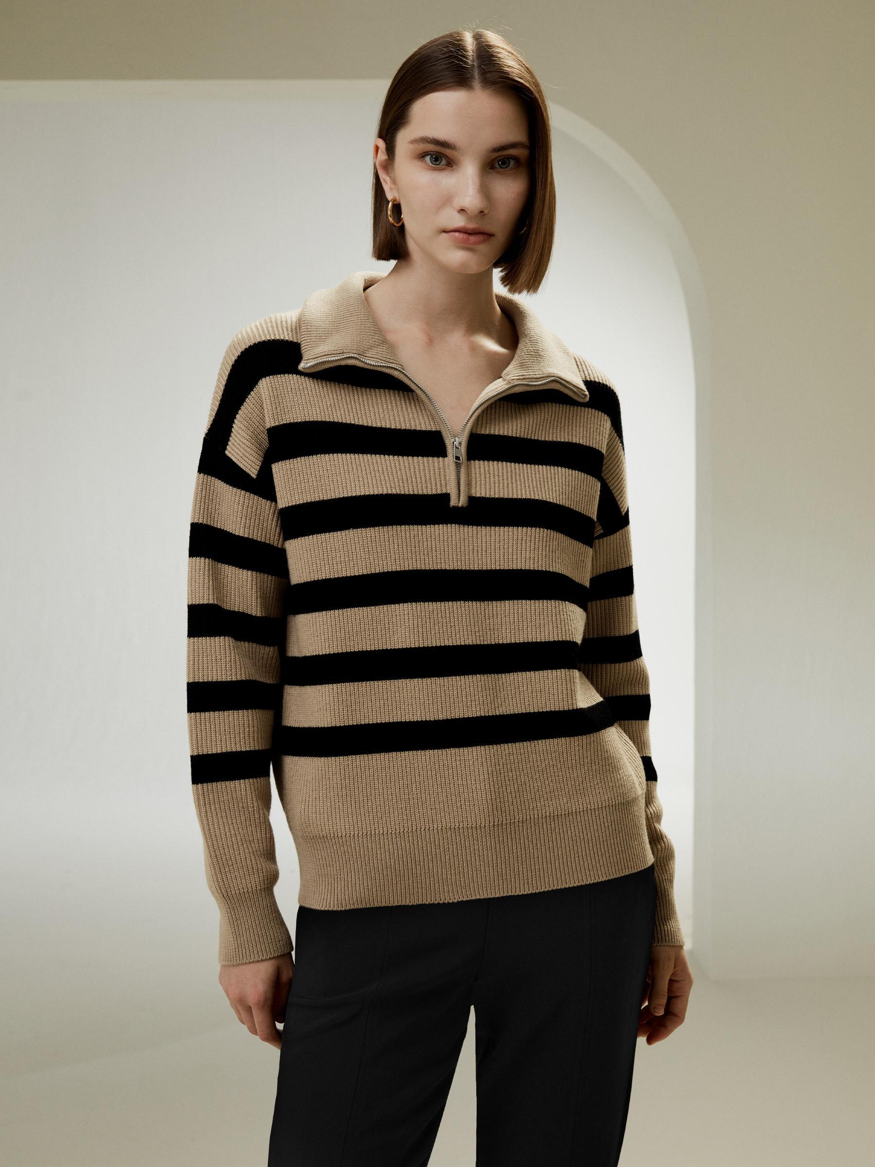 LILYSILK Wool Women's Sweaters Camel with Black Stripes Merino Wool Comfortable Dropped-Shoulder Sweater S Product Image