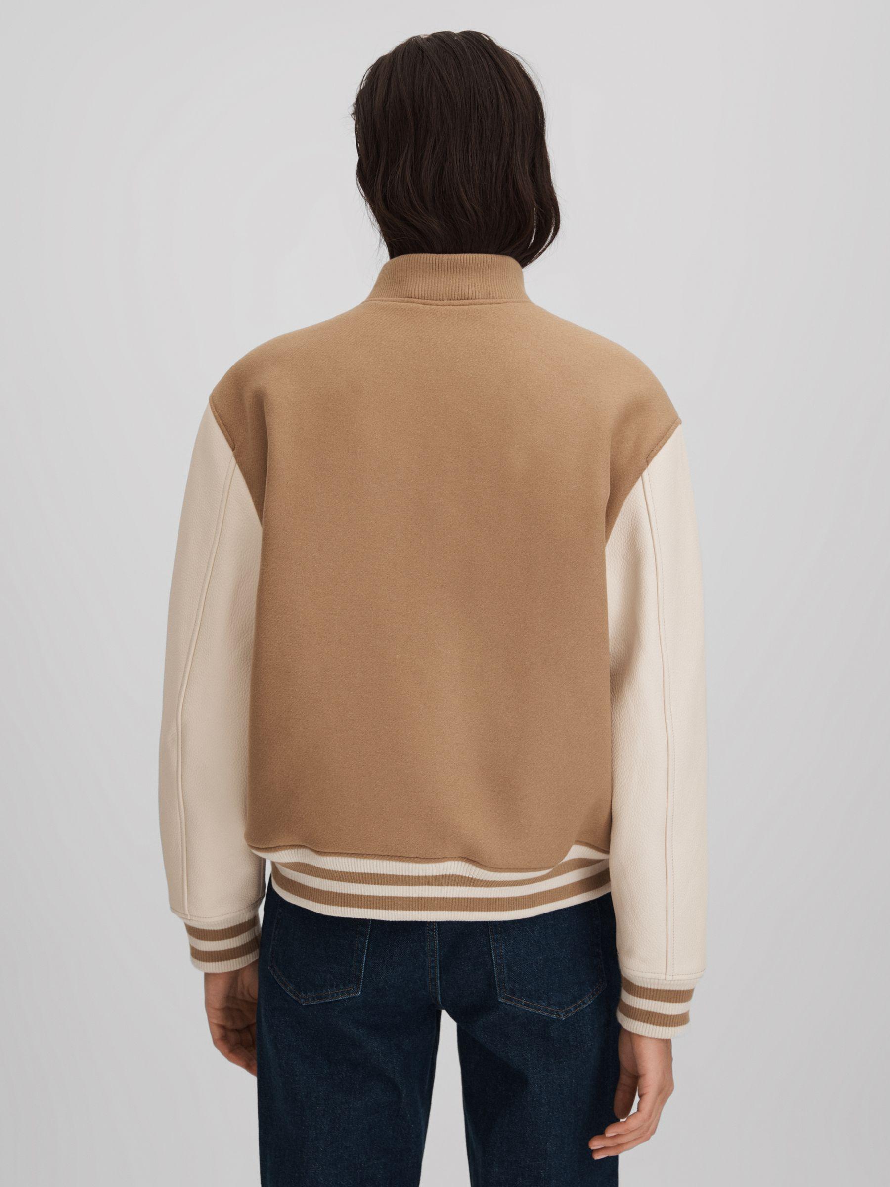 Premium Wool Blend Bomber Jacket in Camel/Cream Product Image