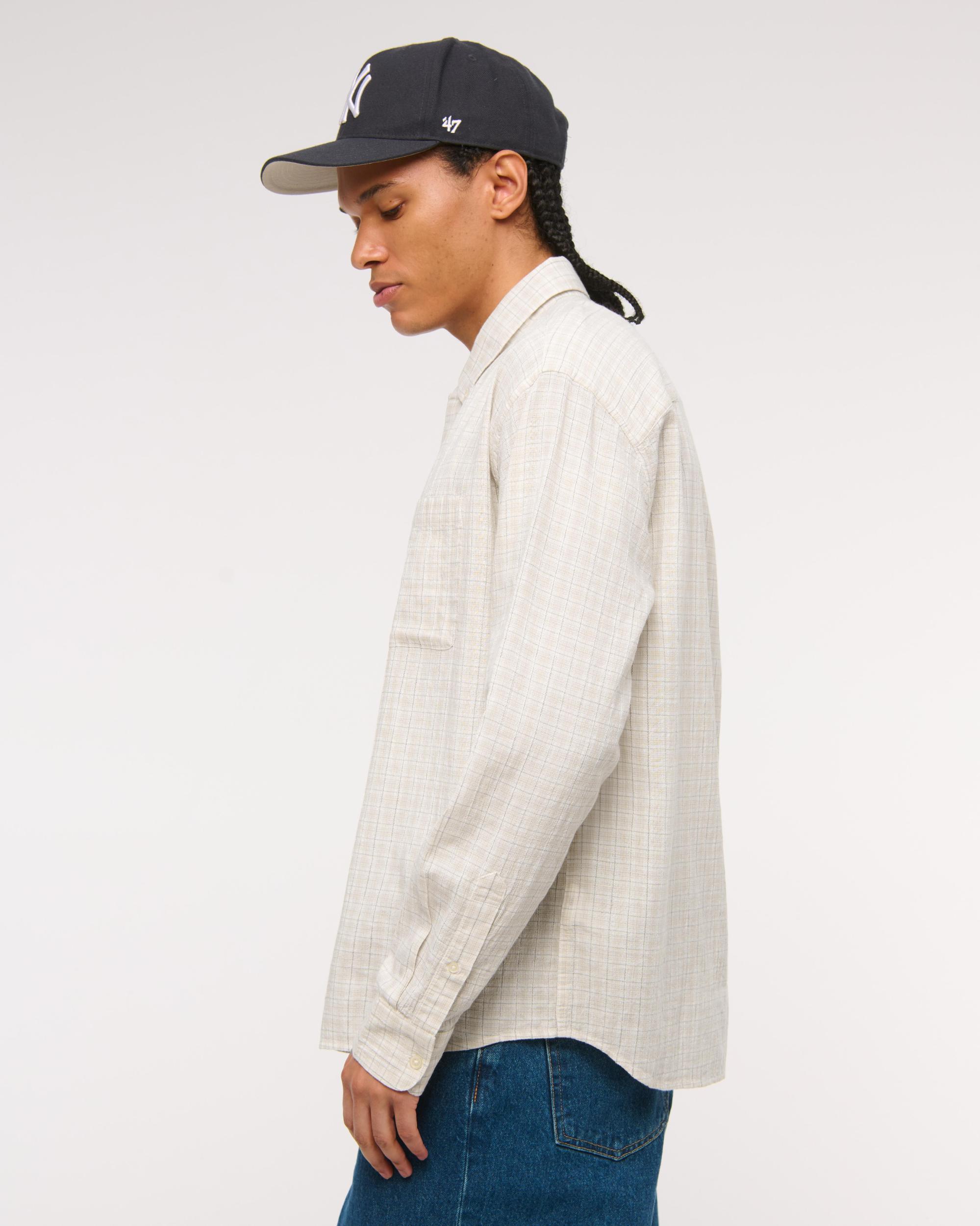 Long-Sleeve Textural Plaid Button-Up Shirt Product Image