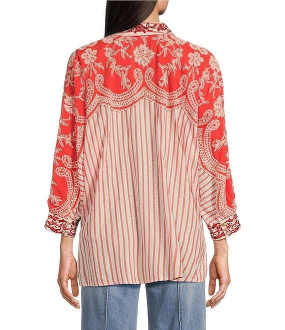 John Mark Yarn Dyed Patch Print Point Collar 3/4 Dolman Sleeve Button Front Top Product Image