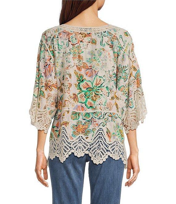Democracy Split V-Neck Crochet Scallop Trim Peplum Top Product Image