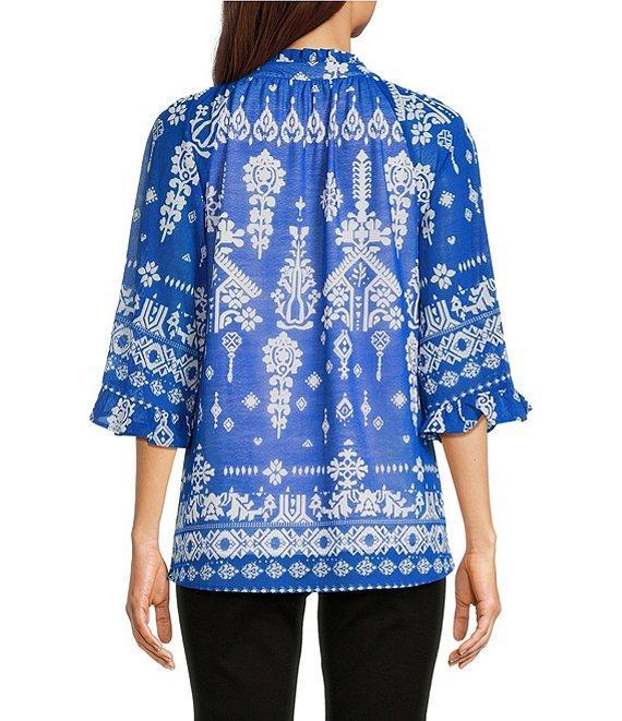 Calessa Petite Size Mesh Knit Split V-Neck 3/4 Sleeve Border Henna Print Tunic Product Image