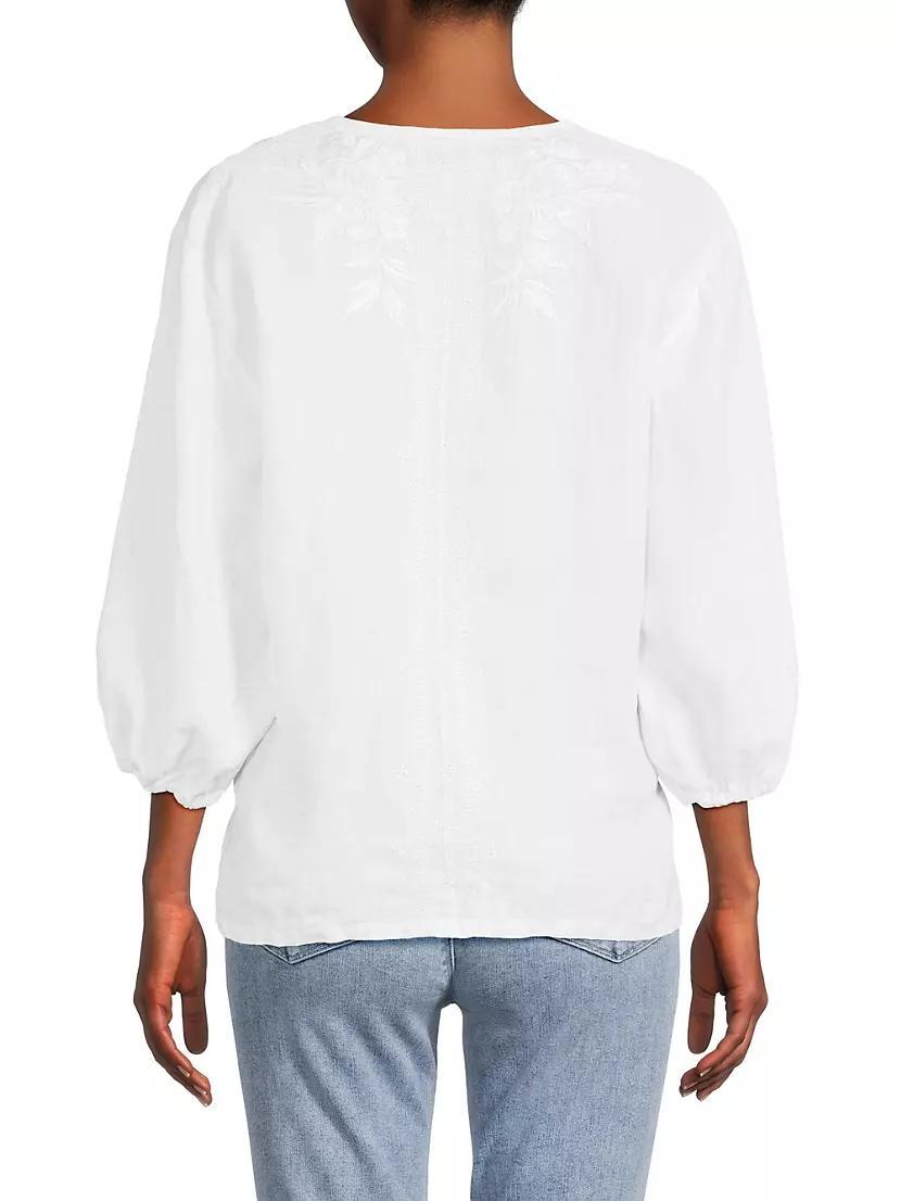 Camille Embroidered Linen Split-Neck Blouse Product Image