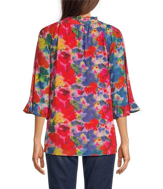 Calessa Mesh Abstract Print Split V-Neck 3/4 Sleeve Button Front Tunic Product Image