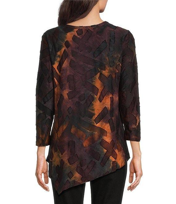 Calessa Petite Size Burnout Tie-Dye Crew Neck 3/4 Sleeve Asymmetric Tunic Product Image