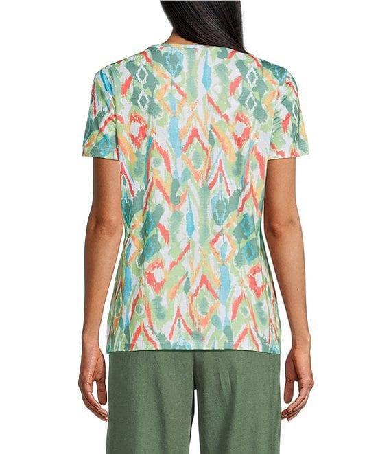 Allison Daley Petite Size Natural Ikat Print Short Sleeve Criss-Cross Keyhole Neck Short Sleeve Jersey Knit Top Product Image