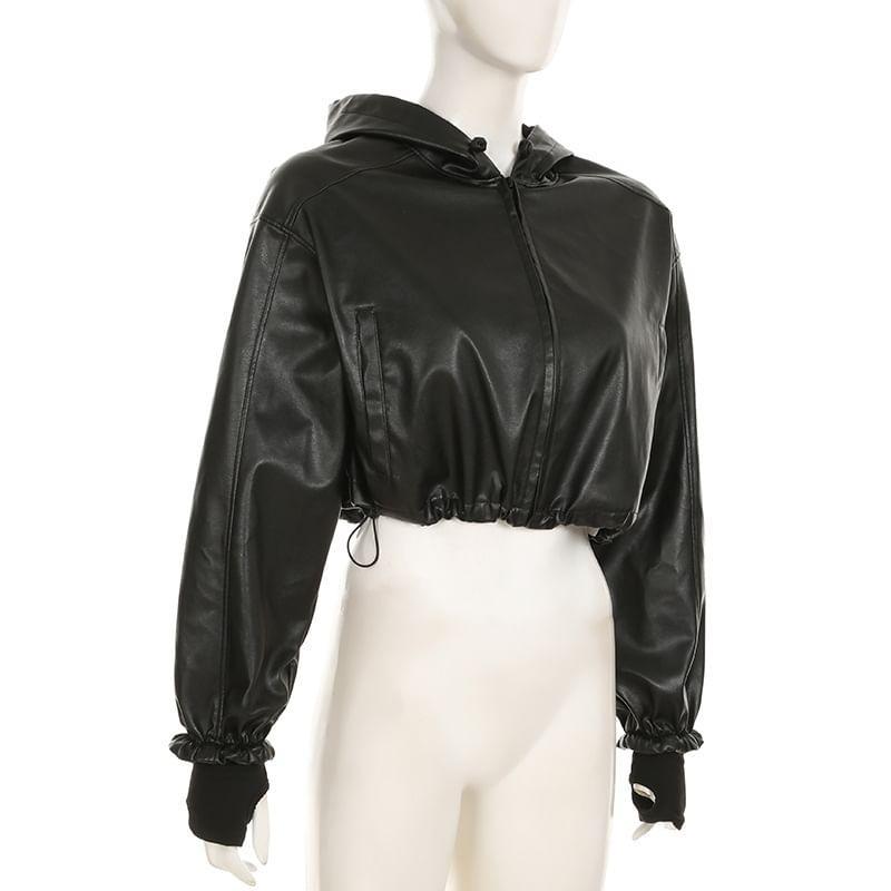 Faux Leather Hooded Zip-Up Crop Jacket Product Image