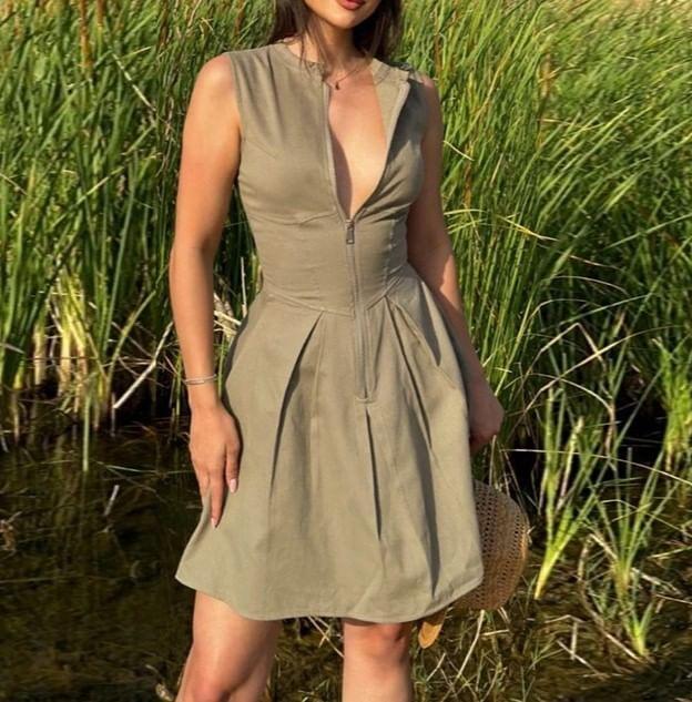 Sleeveless Plain Zip-Up Slim-Fit Mini A-Line Dress Product Image