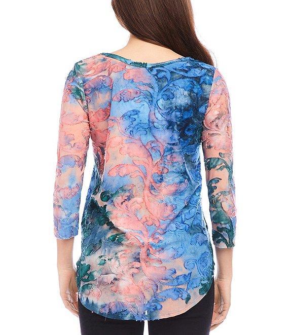 Karen Kane Burnout Tie Dye Print Boat Neck 3/4 Sleeve Shirttail Hem Knit Top Product Image