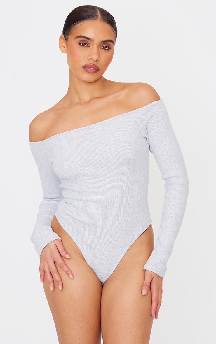 Grey Marl Brushed Rib Bardot Long Sleeve Bodysuit Product Image