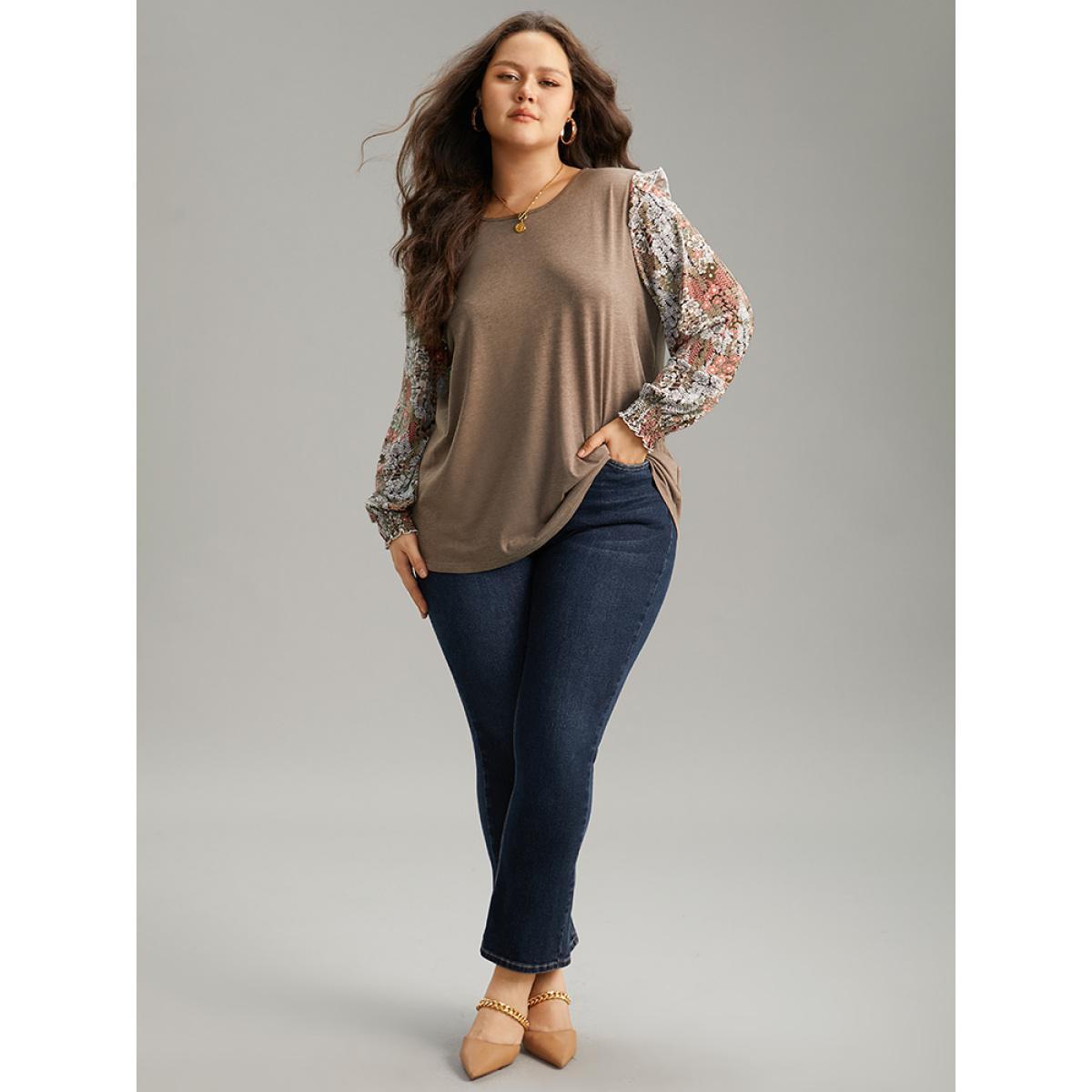 Plus Size Floral Print Shirred Cuffs Ruffle Trim T-shirt LightBrown Women Casual Elastic cuffs Ditsy Floral Round Neck Everyday T-shirts BloomChic 10/M Product Image