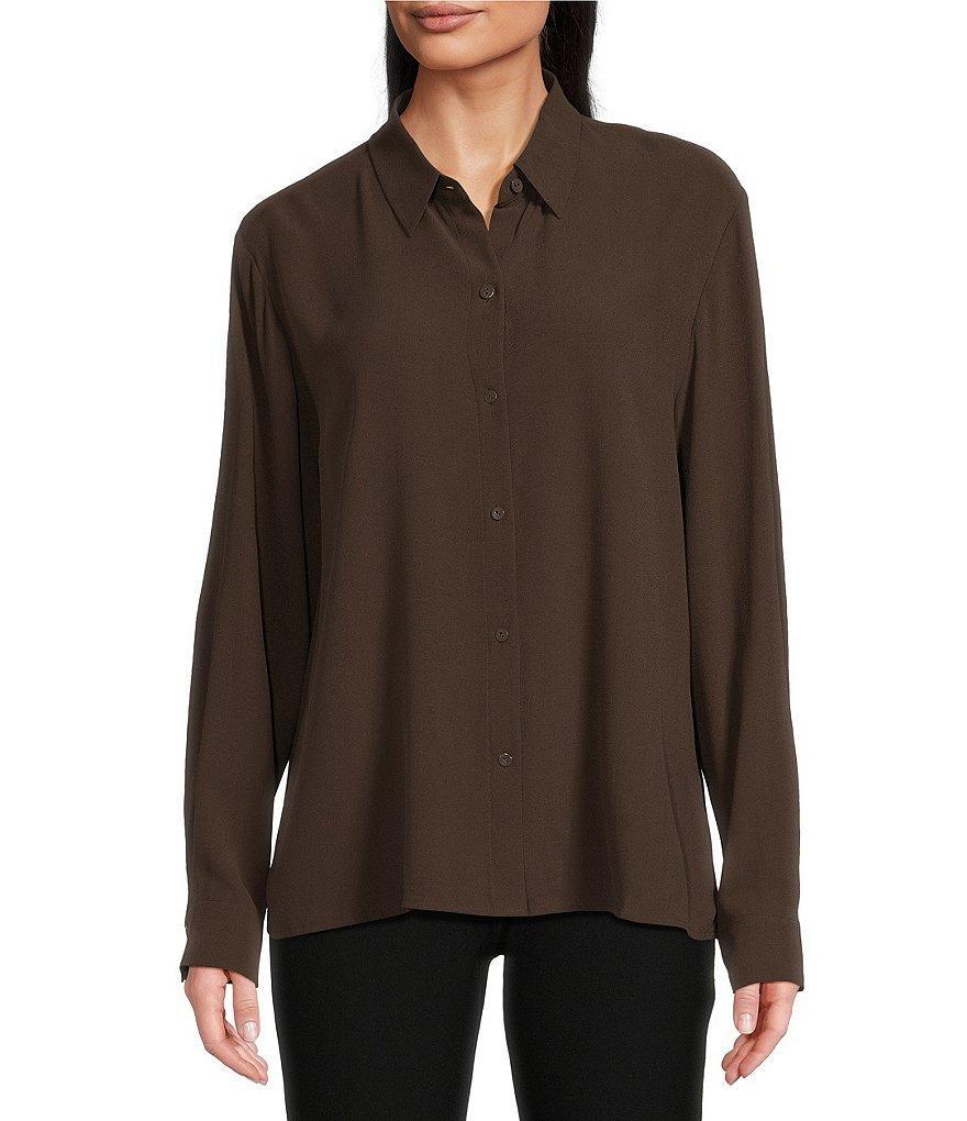 Eileen Fisher Silk Georgette Crepe Point Collar Long Sleeve Button Front Classic Shirt Product Image