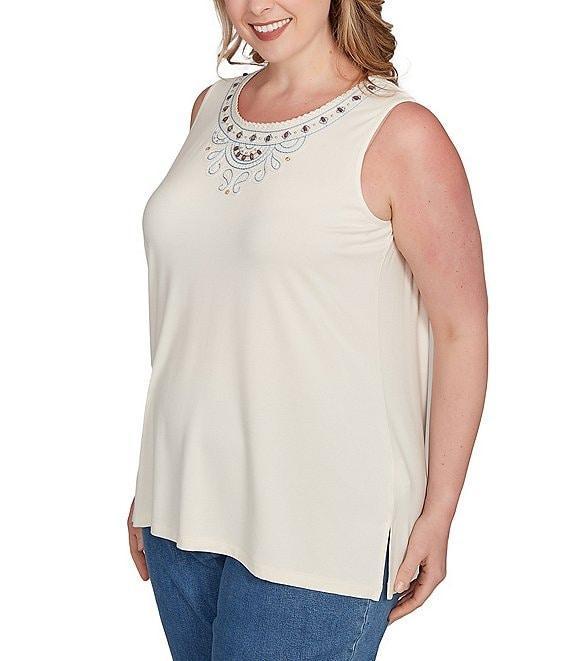 Ruby Rd. Plus Size Embroidered Soft Jersey Knit Embellished Crew Neck Sleeveless Top Product Image