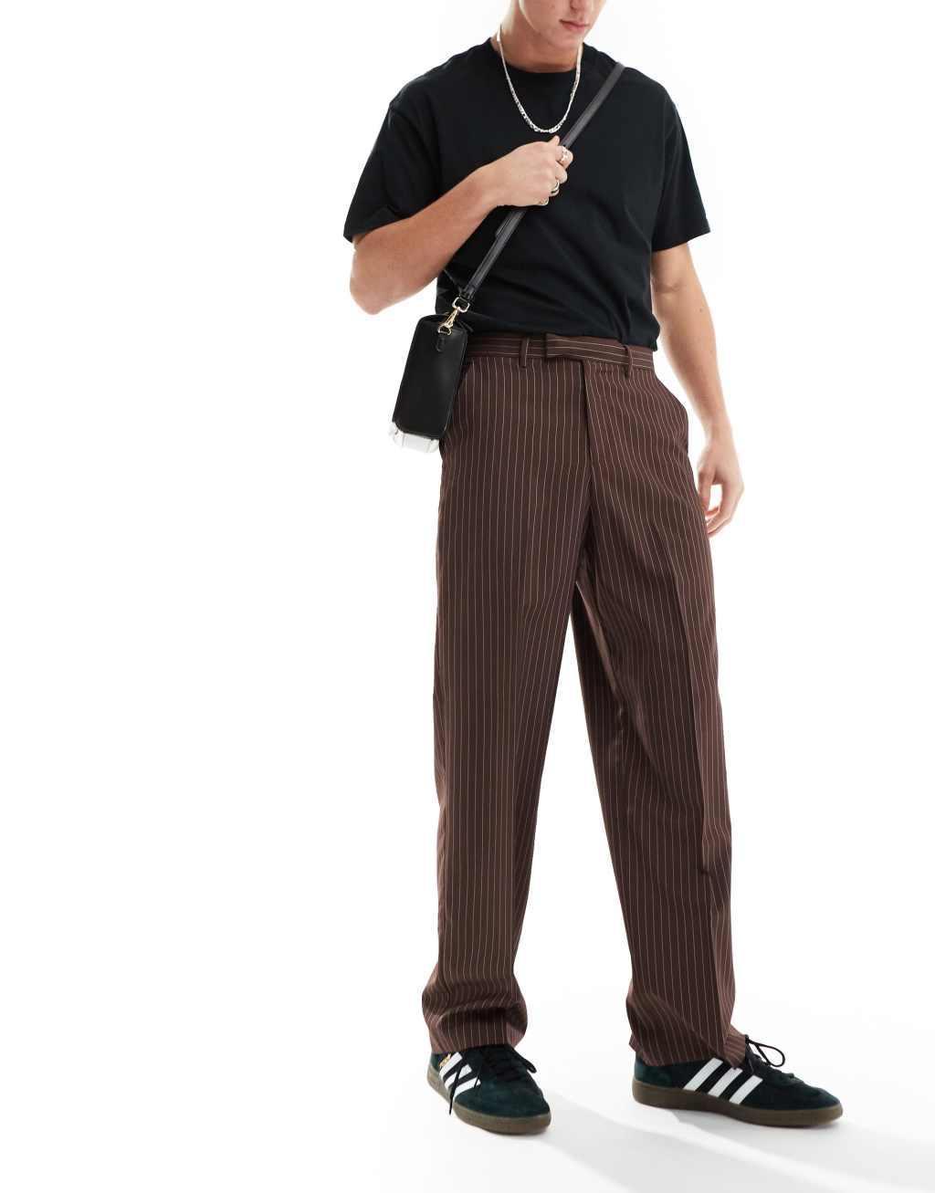 ASOS DESIGN wide leg pants in chocolate brown pinstripe Product Image