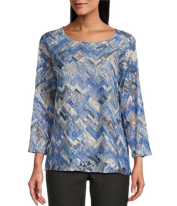Multiples Printed Scoop Neck 3/4 Sleeve Fitted Lace Knit Top Product Image