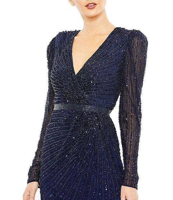 Mac Duggal Beaded Surplice V-Neck Long Sleeve Gown Product Image