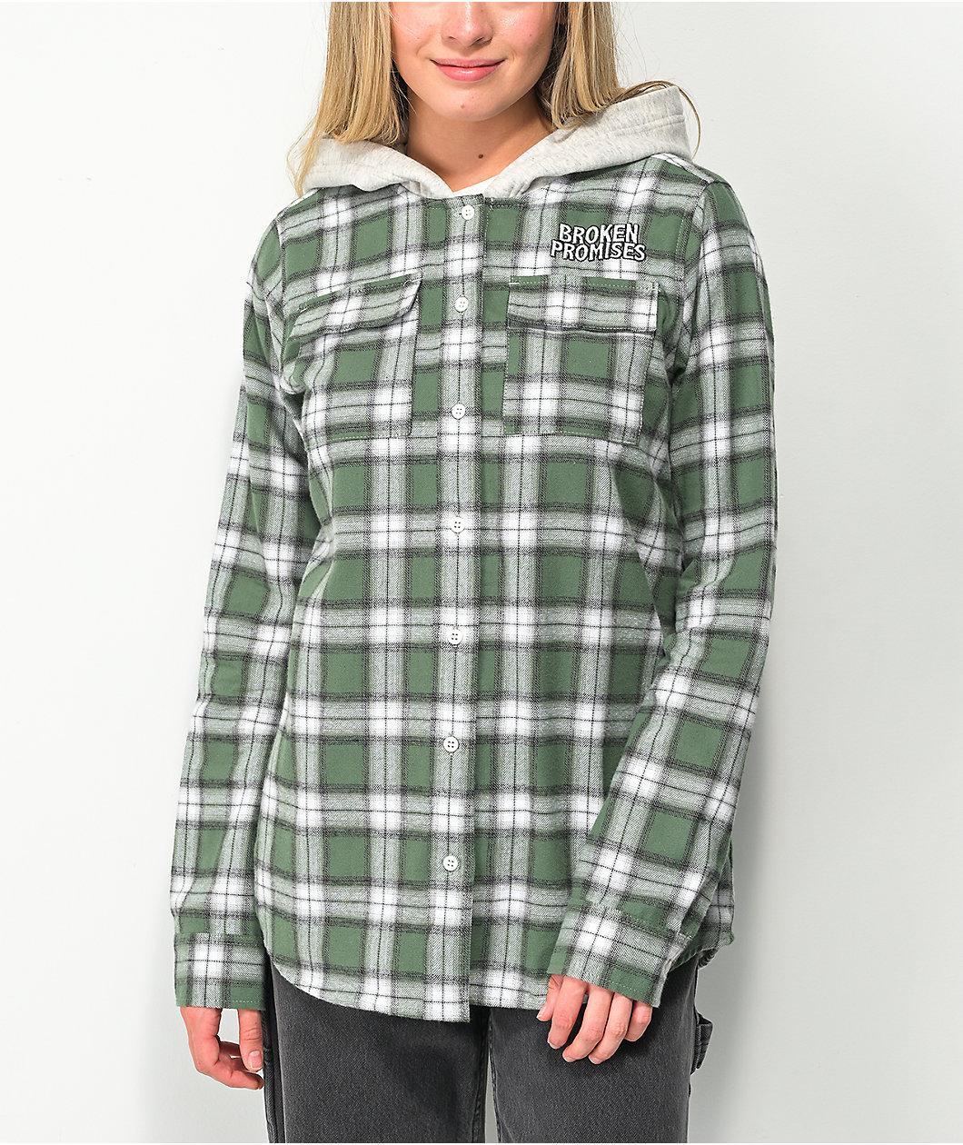 Broken Promises Fangs Green Plaid Hooded Flannel Shirt Product Image