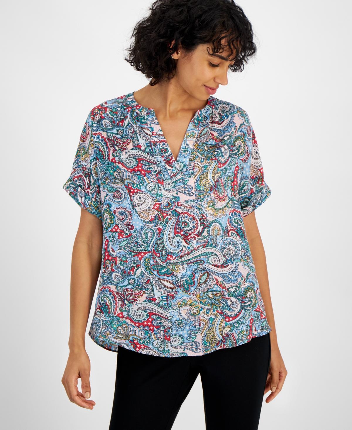 T Tahari Womens Printed Split-Neck Rolled-Cuff Top Product Image