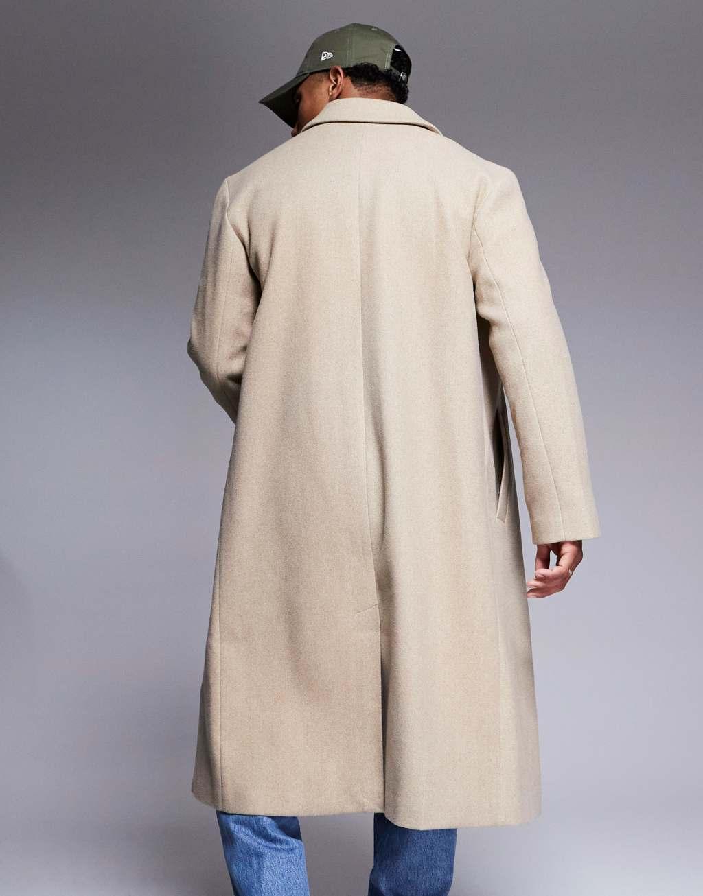 ASOS DESIGN regular fit wool look overcoat in stone Product Image