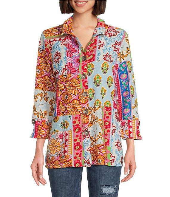Calessa Petite Size Printed Ruffled Stand Collar Long Sleeve Button Front Tunic Product Image