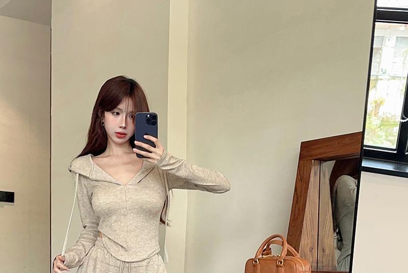 Long Sleeve Plain Hood Half Zip Top /  Drawstring Waist Wide Leg Pants Product Image
