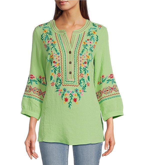 Calessa Petite Size Embroidered Floral Patchwork Split V-Neck 3/4 Sleeve Tunic Product Image