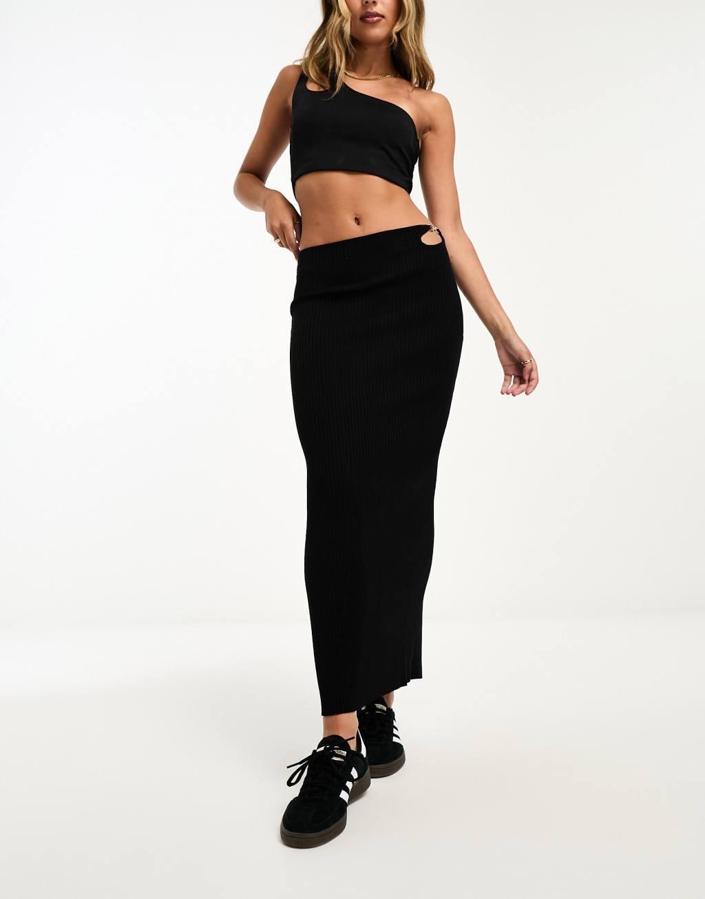 Bershka cut out buckle detail knitted midi skirt Product Image