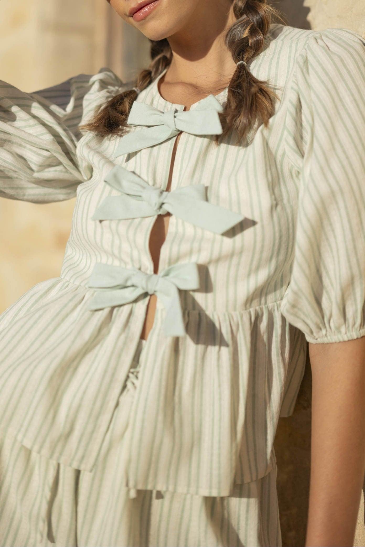 Bow Tie Front Puff Sleeve Peplum Top & Shorts Set Product Image
