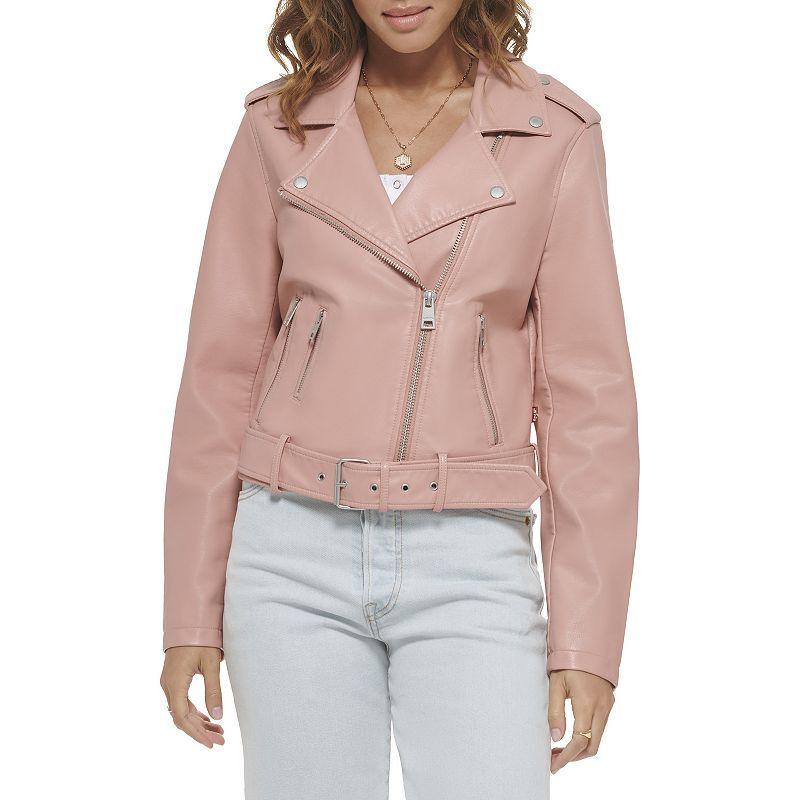 Womens Levis Belted Faux Leather Motorcycle Jacket Red Product Image