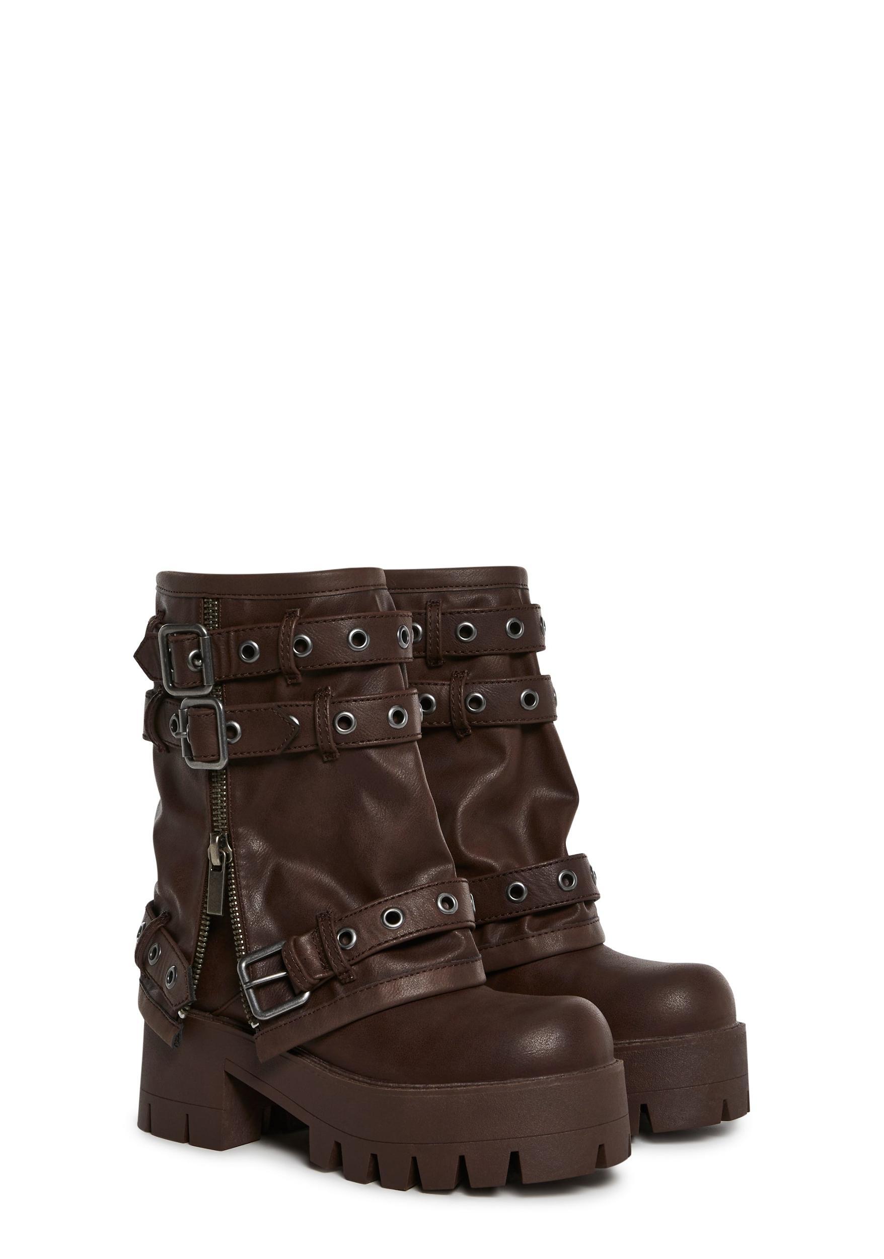 Vegan Leather Multi Buckle Mid Calf Zippered Combat Boots Darker Wavs - Brown Product Image