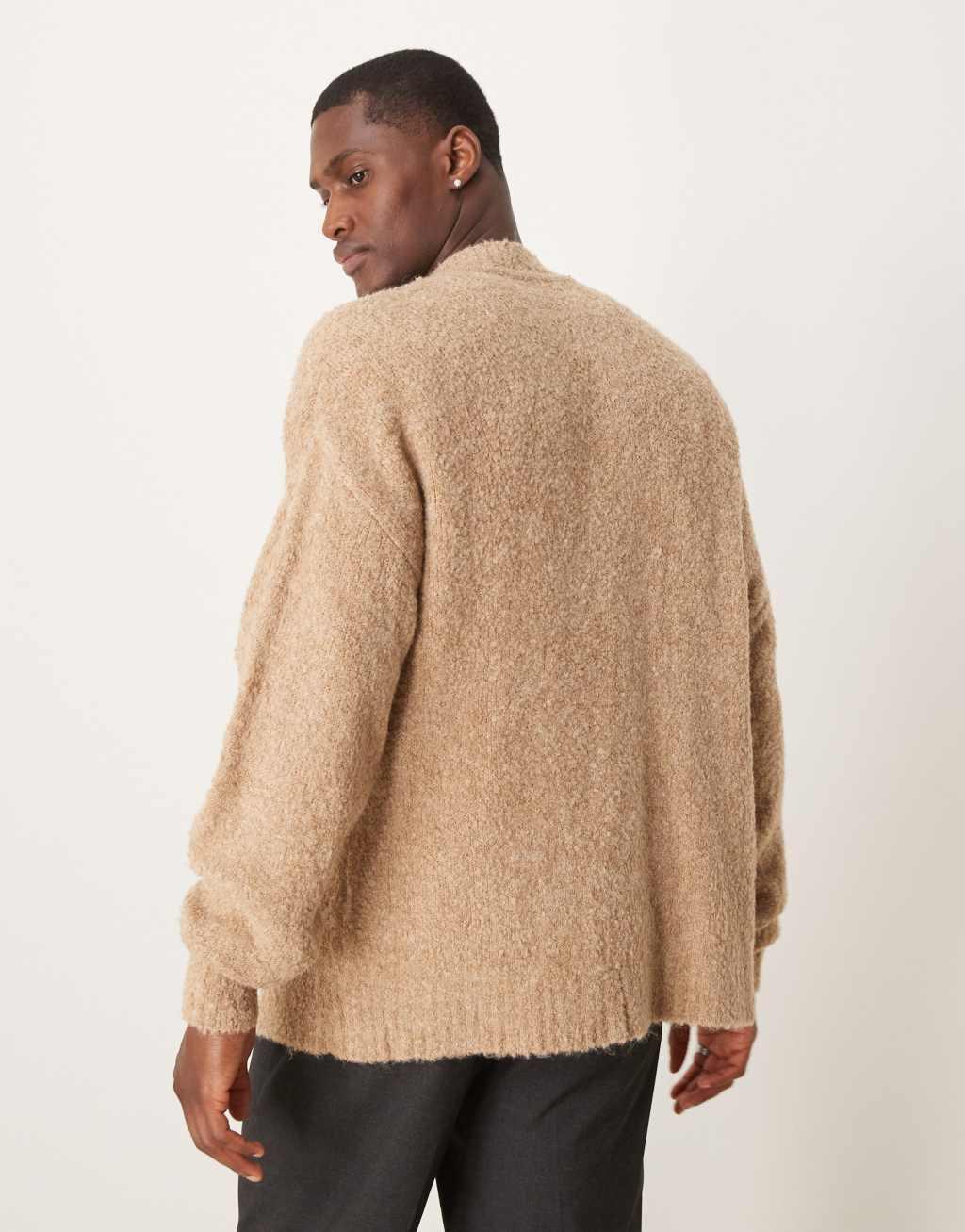 ASOS DESIGN relaxed boxy fit textured knit crew neck cardigan in beige Product Image